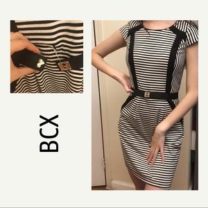 striped dress with faux belt attached